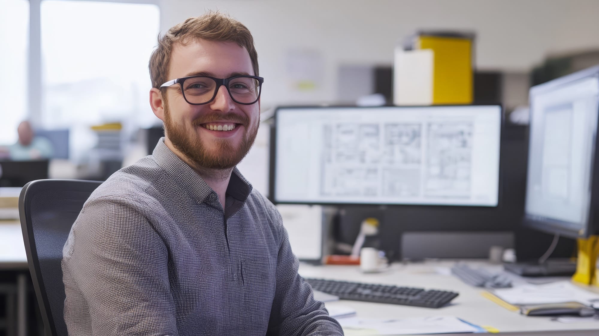 Smiling person in office at computer desk.